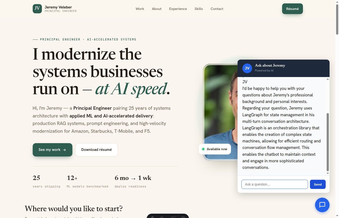 jeremyveleber.com — LangGraph chat interaction